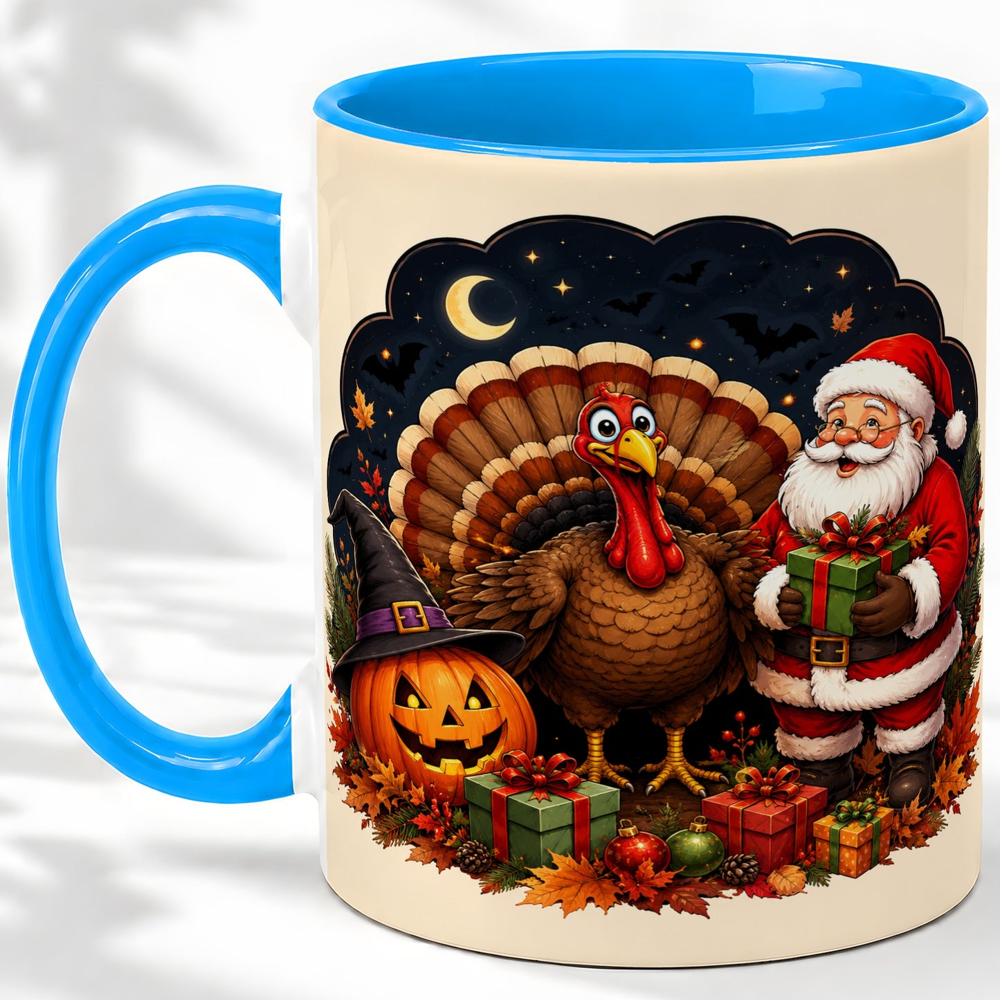 #pl[11oz|Blue] Turkey Santa Halloween Ceramic Mug, Night Holiday Seasonal Art