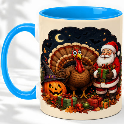 #pl[11oz|Blue] Turkey Santa Halloween Ceramic Mug, Night Holiday Seasonal Art