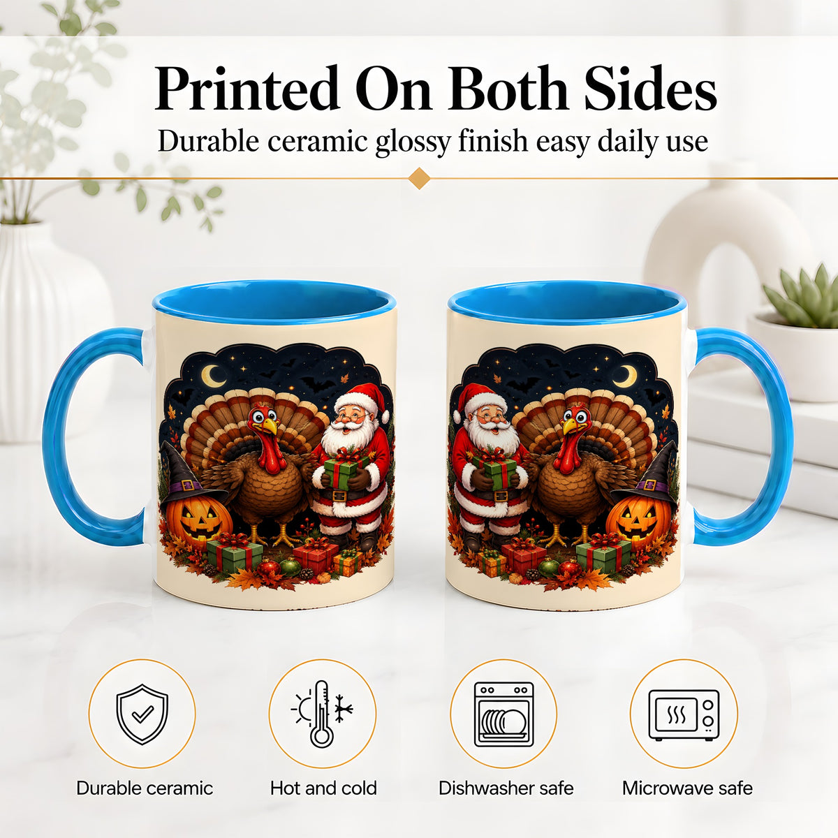 #pl[11oz|Blue] Turkey Santa Halloween Ceramic Mug, Night Holiday Seasonal Art