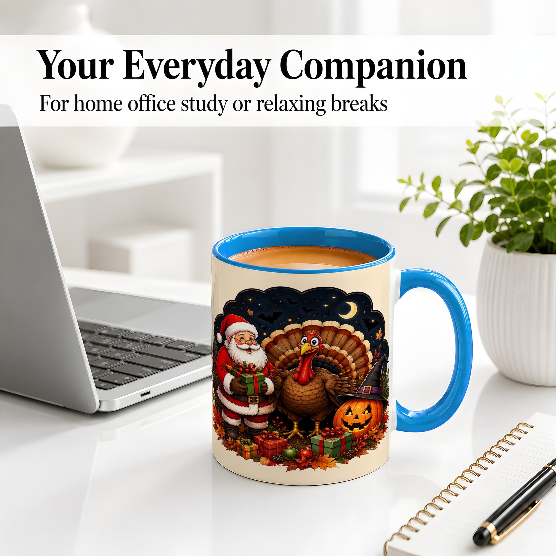 #pl[11oz|Blue] Turkey Santa Halloween Ceramic Mug, Night Holiday Seasonal Art