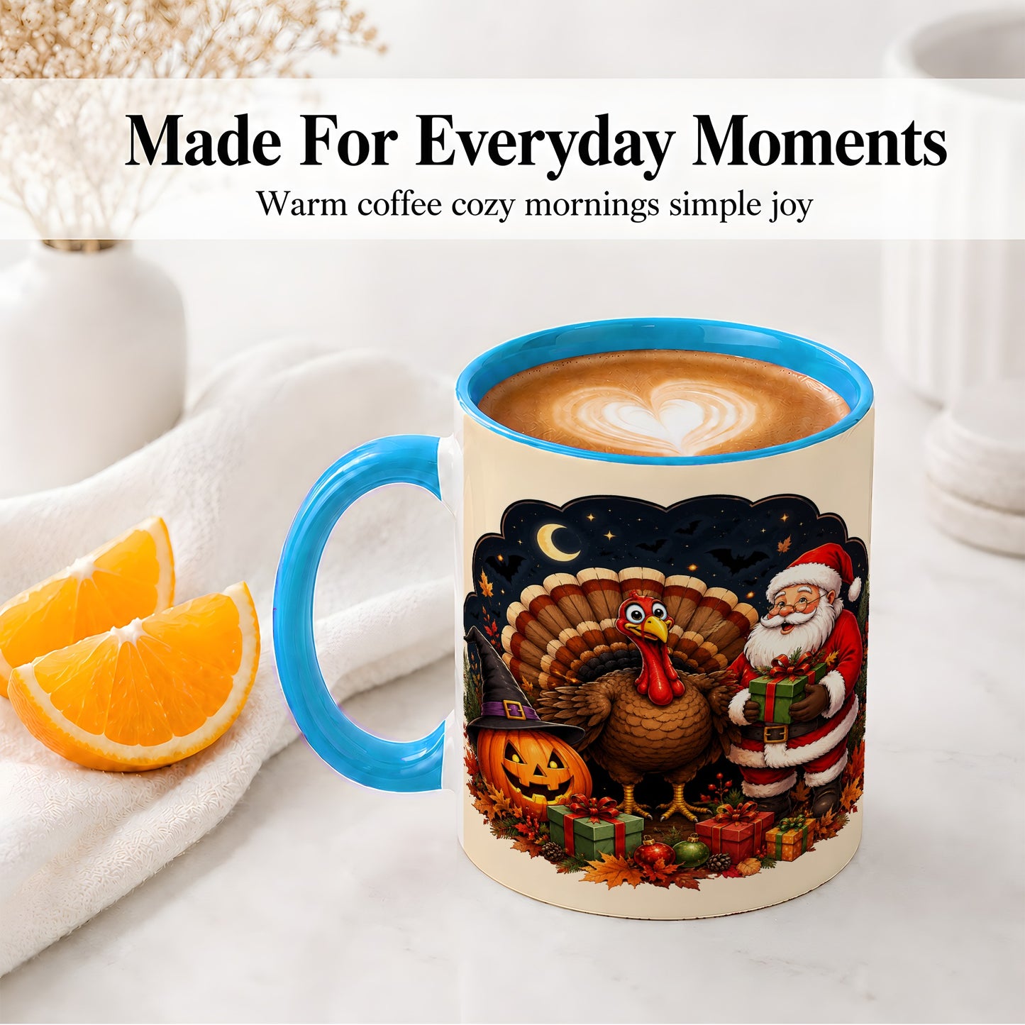 #pl[11oz|Blue] Turkey Santa Halloween Ceramic Mug, Night Holiday Seasonal Art