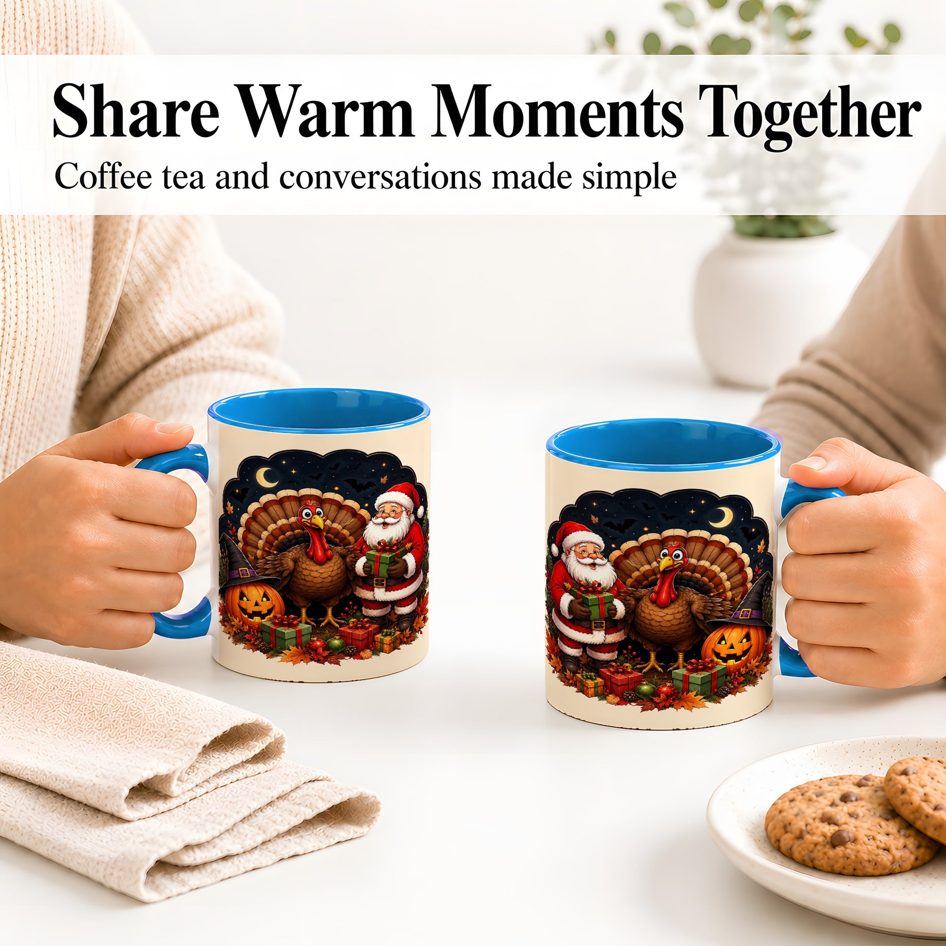 #pl[11oz|Blue] Turkey Santa Halloween Ceramic Mug, Night Holiday Seasonal Art