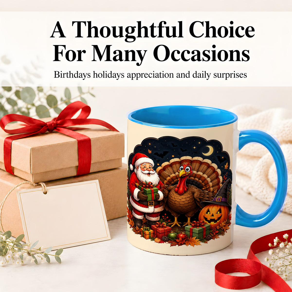 #pl[11oz|Blue] Turkey Santa Halloween Ceramic Mug, Night Holiday Seasonal Art
