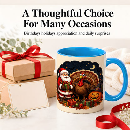 #pl[11oz|Blue] Turkey Santa Halloween Ceramic Mug, Night Holiday Seasonal Art
