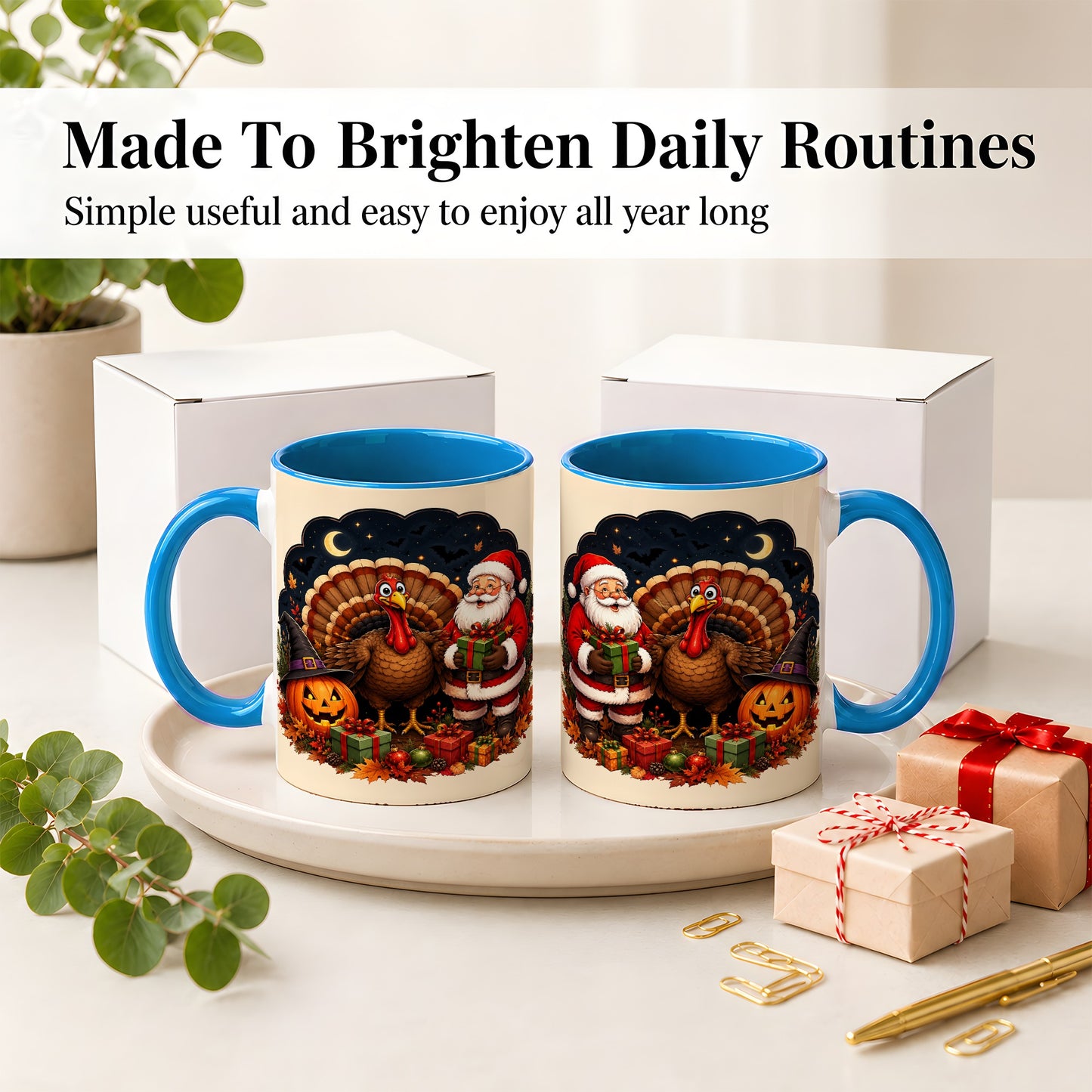 #pl[11oz|Blue] Turkey Santa Halloween Ceramic Mug, Night Holiday Seasonal Art