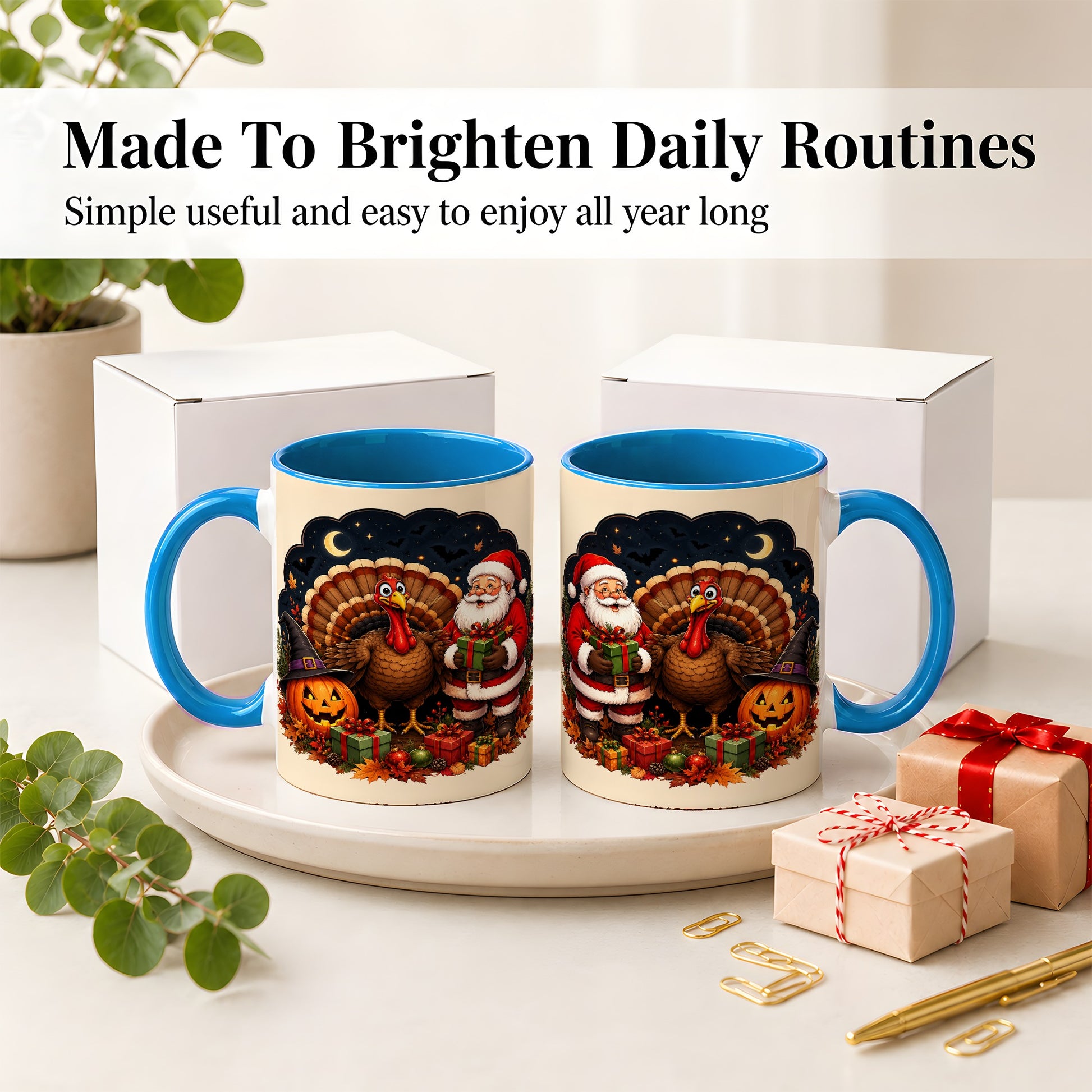 #pl[11oz|Blue] Turkey Santa Halloween Ceramic Mug, Night Holiday Seasonal Art