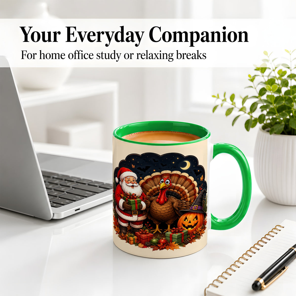 #pl[11oz|Green] Turkey Santa Halloween Ceramic Mug, Night Holiday Seasonal Art