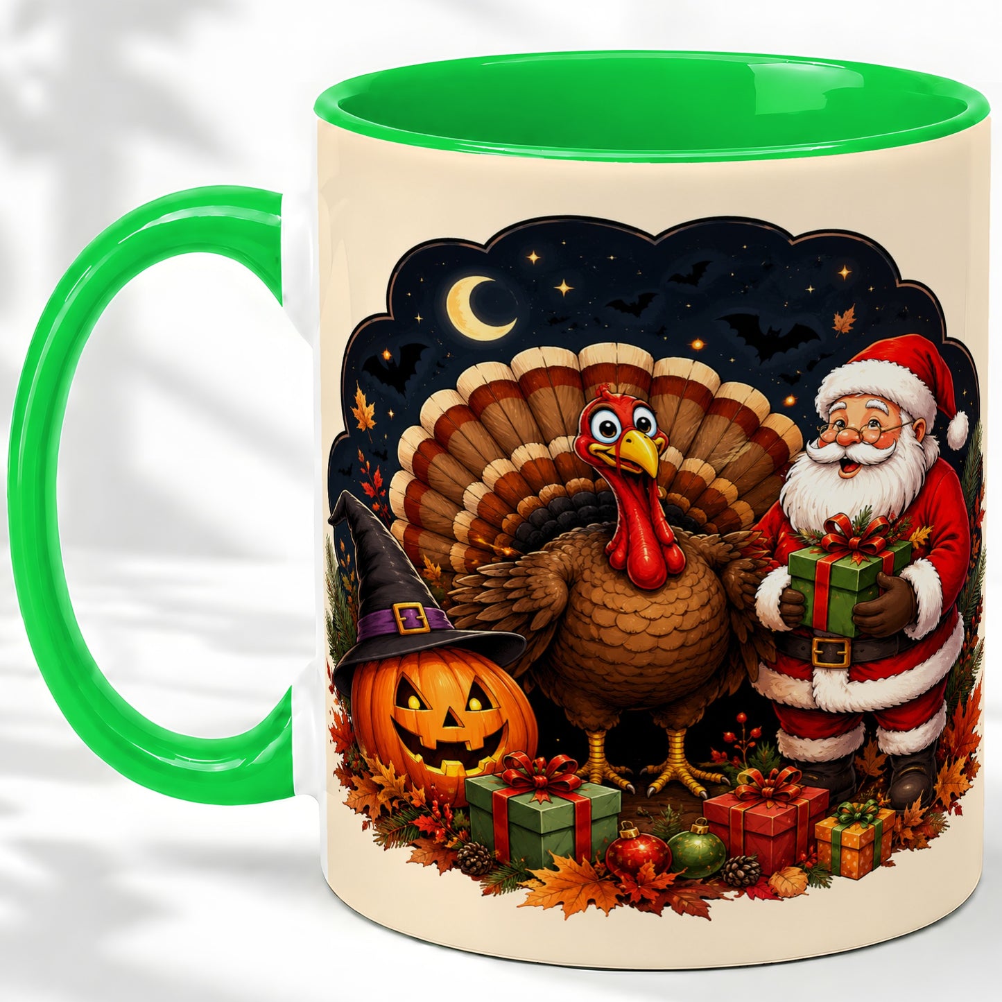 #pl[11oz|Green] Turkey Santa Halloween Ceramic Mug, Night Holiday Seasonal Art