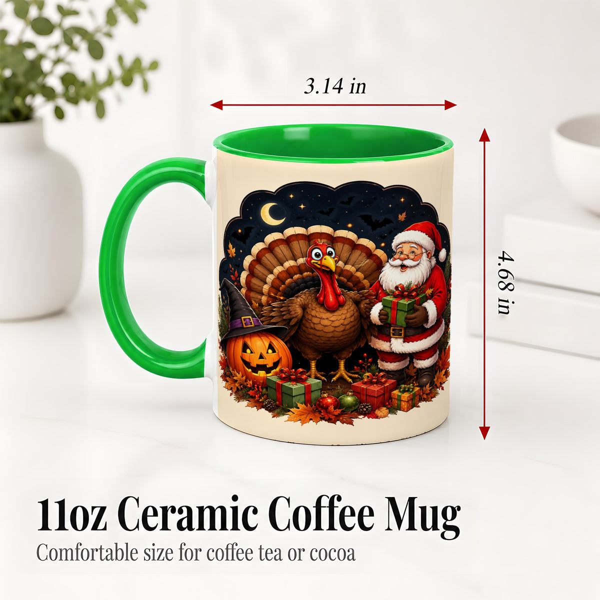 #pl[11oz|Green] Turkey Santa Halloween Ceramic Mug, Night Holiday Seasonal Art