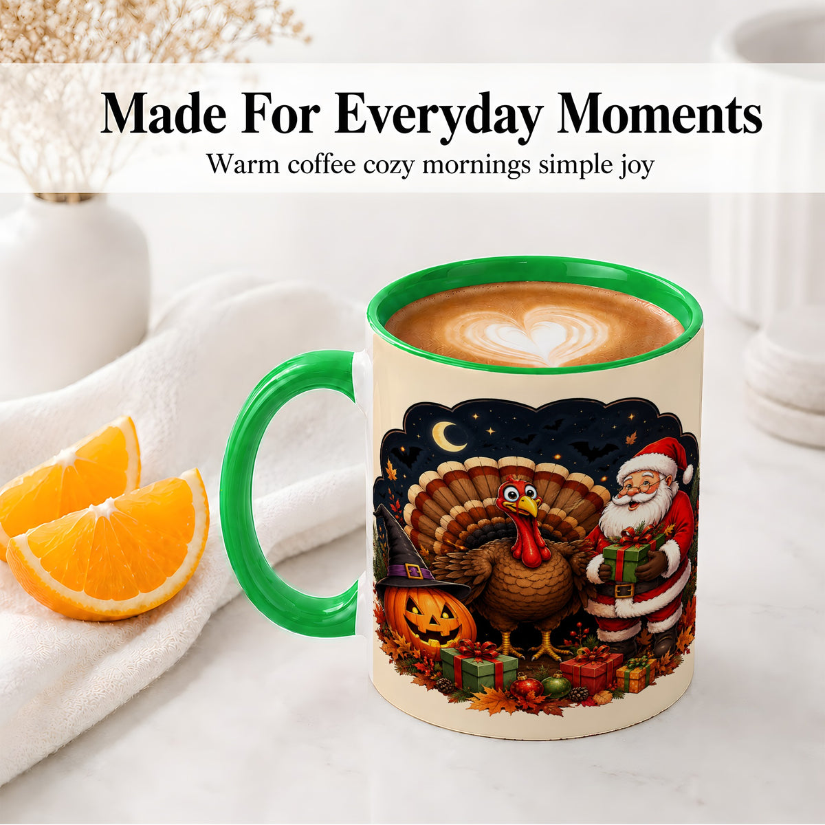 #pl[11oz|Green] Turkey Santa Halloween Ceramic Mug, Night Holiday Seasonal Art