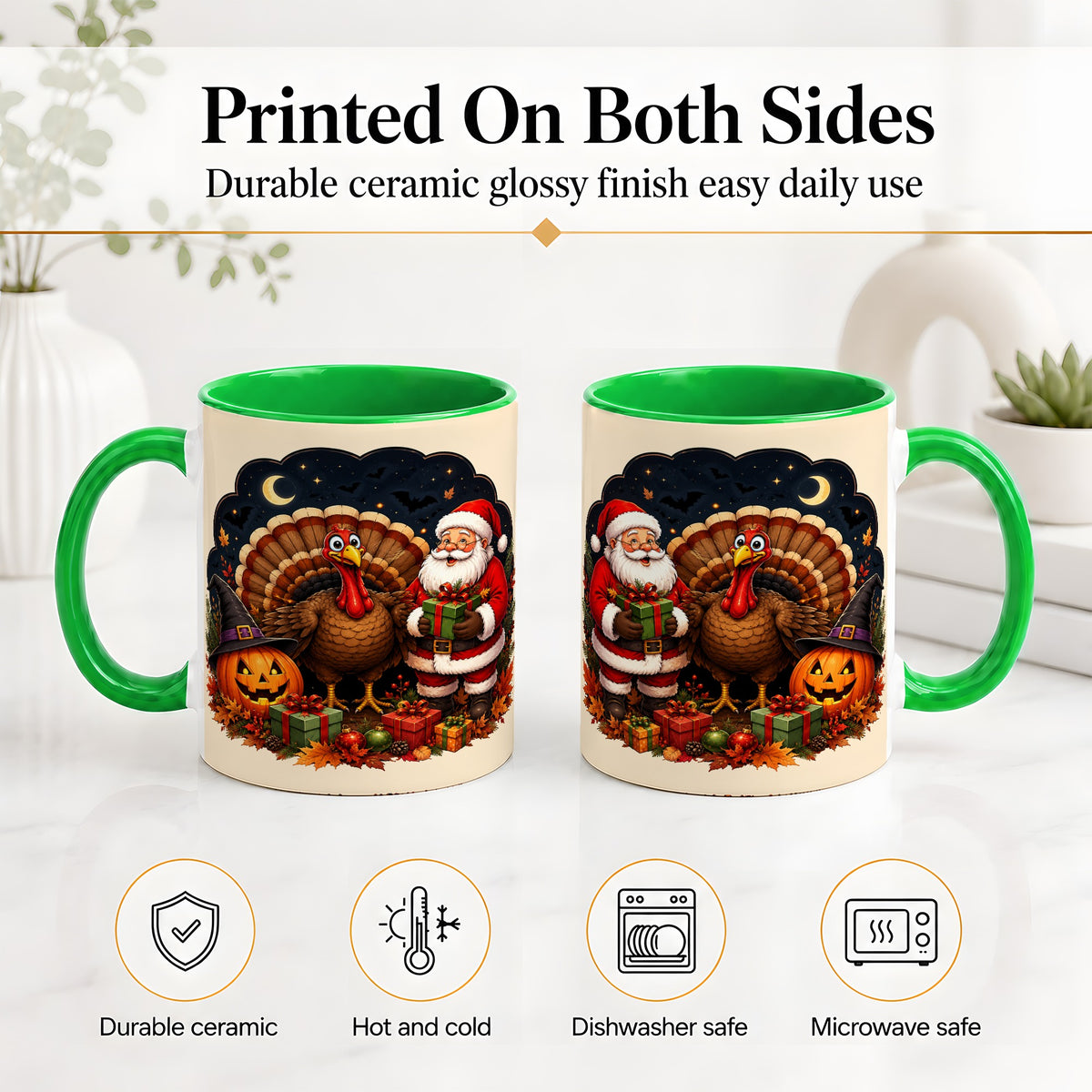 #pl[11oz|Green] Turkey Santa Halloween Ceramic Mug, Night Holiday Seasonal Art