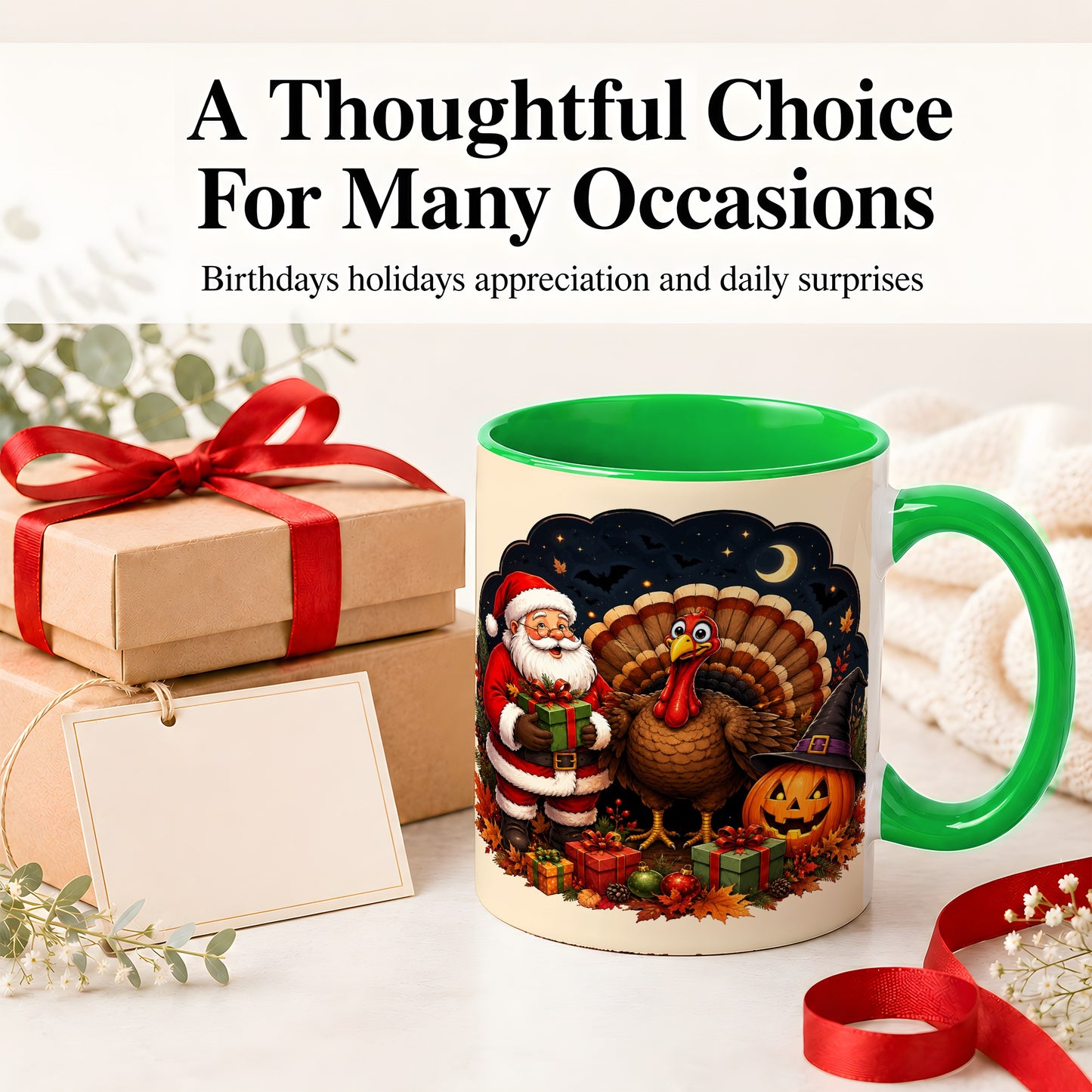#pl[11oz|Green] Turkey Santa Halloween Ceramic Mug, Night Holiday Seasonal Art