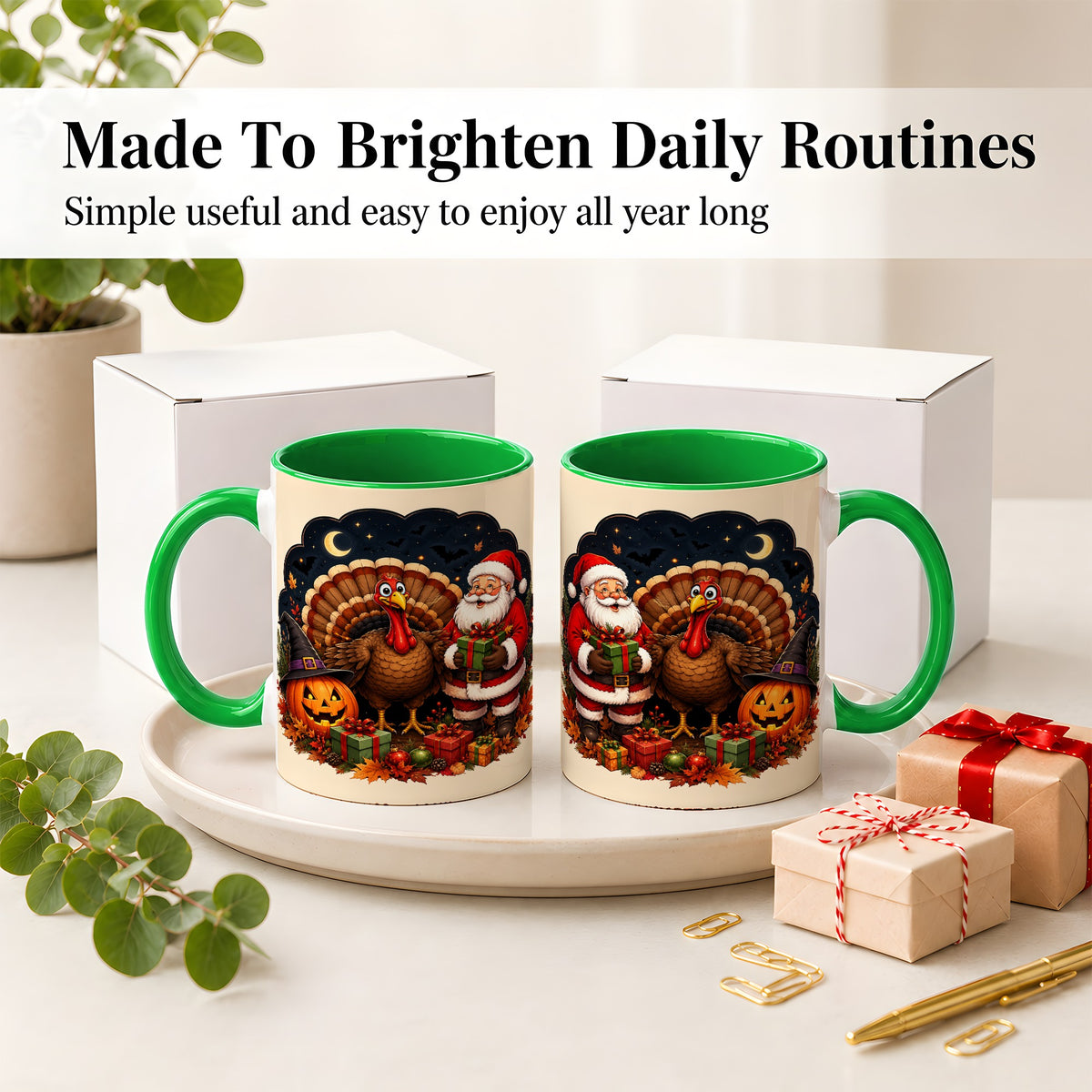 #pl[11oz|Green] Turkey Santa Halloween Ceramic Mug, Night Holiday Seasonal Art