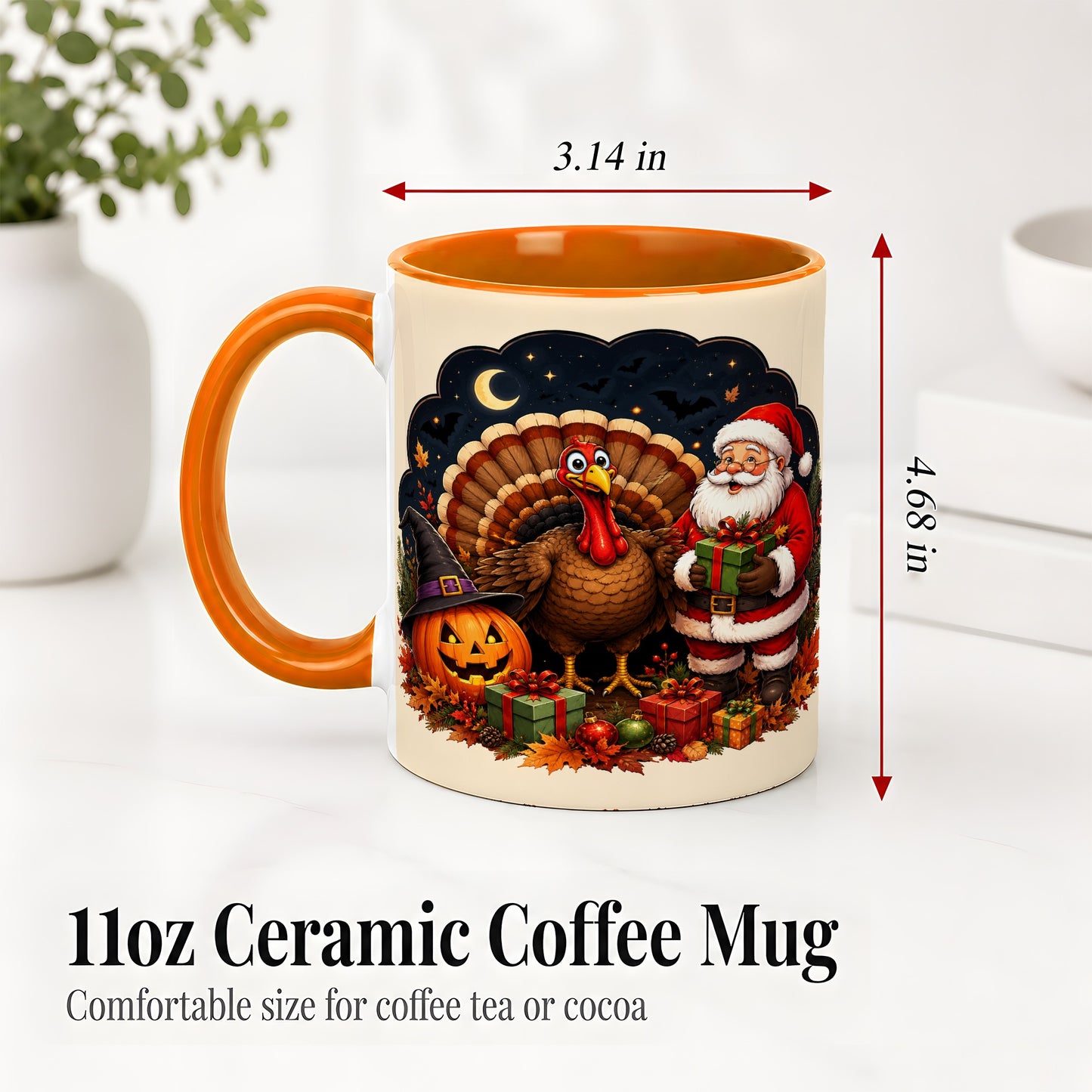 #pl[11oz|Orange] Turkey Santa Halloween Ceramic Mug, Night Holiday Seasonal Art