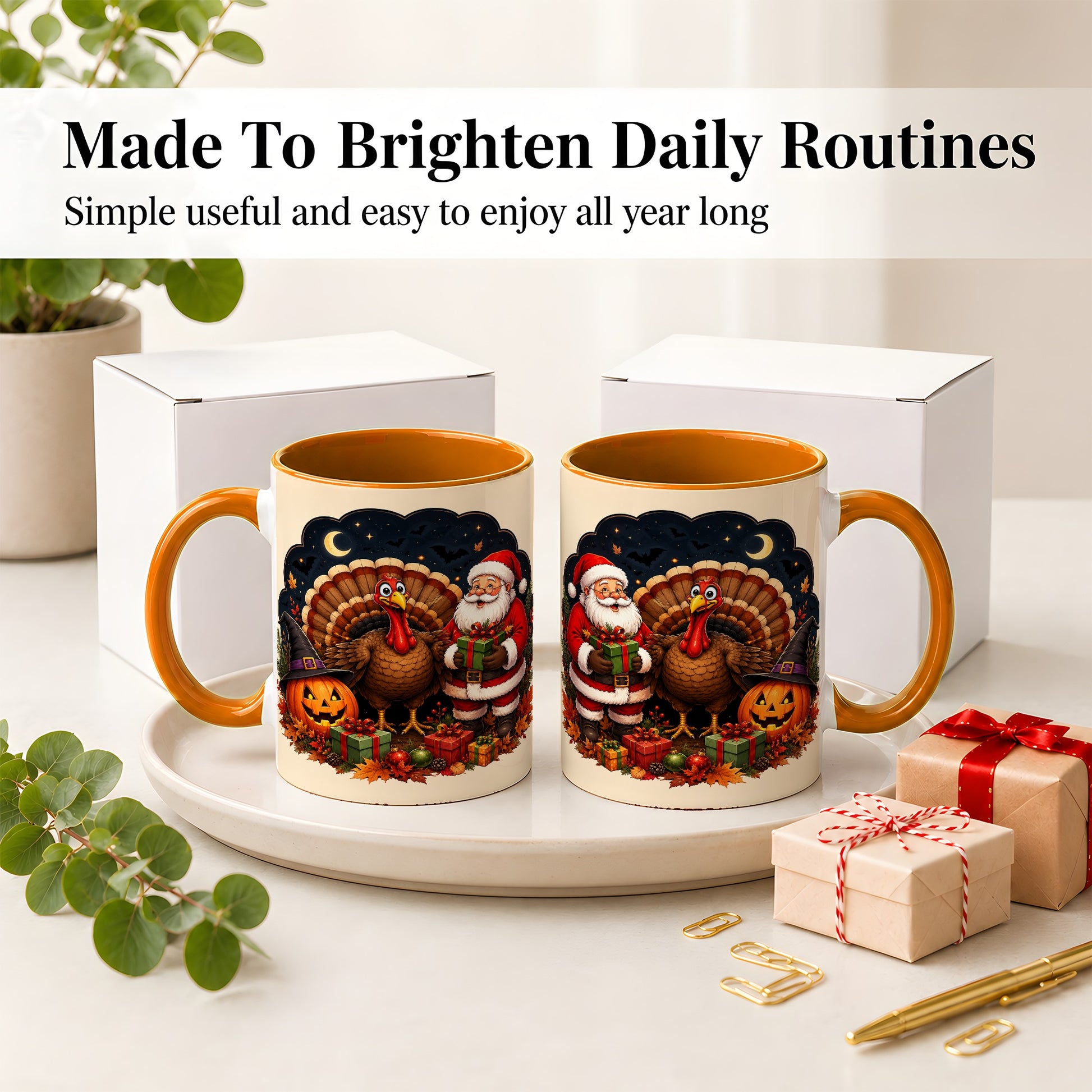 #pl[11oz|Orange] Turkey Santa Halloween Ceramic Mug, Night Holiday Seasonal Art