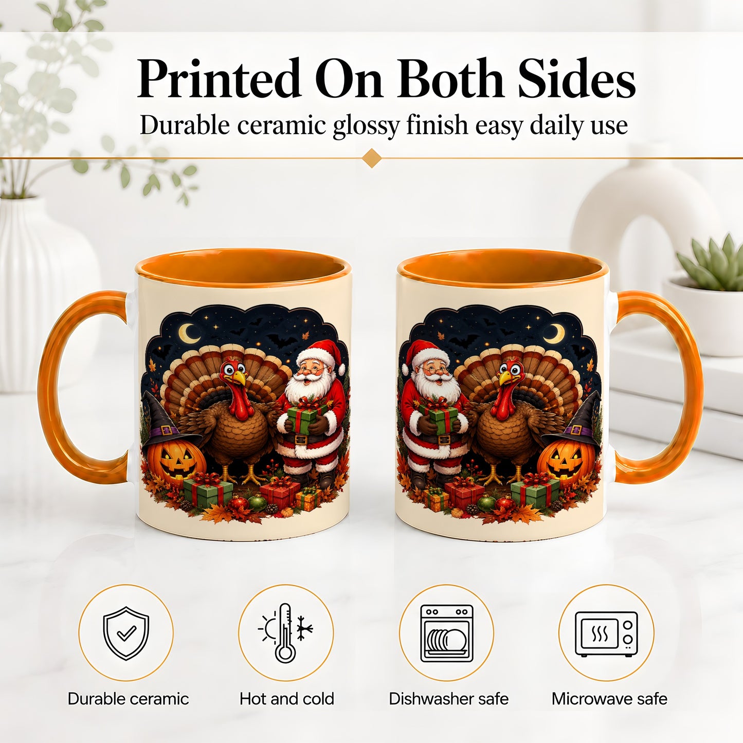 #pl[11oz|Orange] Turkey Santa Halloween Ceramic Mug, Night Holiday Seasonal Art