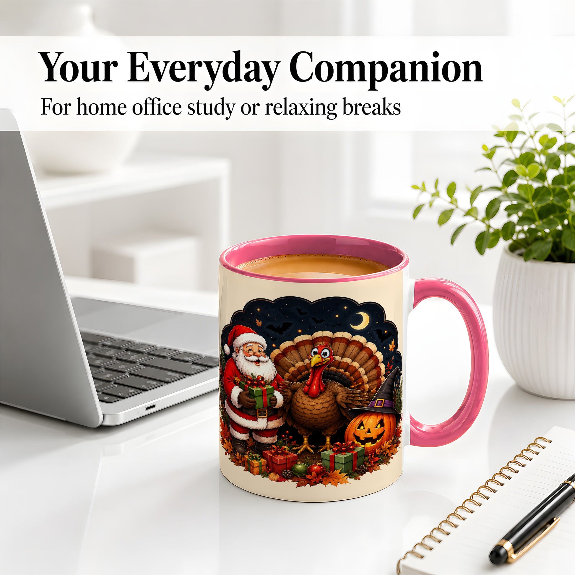 #pl[11oz|Pink] Turkey Santa Halloween Ceramic Mug, Night Holiday Seasonal Art