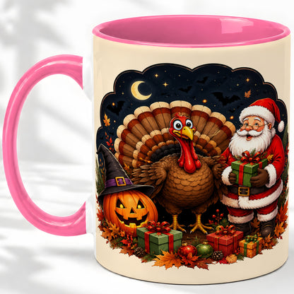 #pl[11oz|Pink] Turkey Santa Halloween Ceramic Mug, Night Holiday Seasonal Art