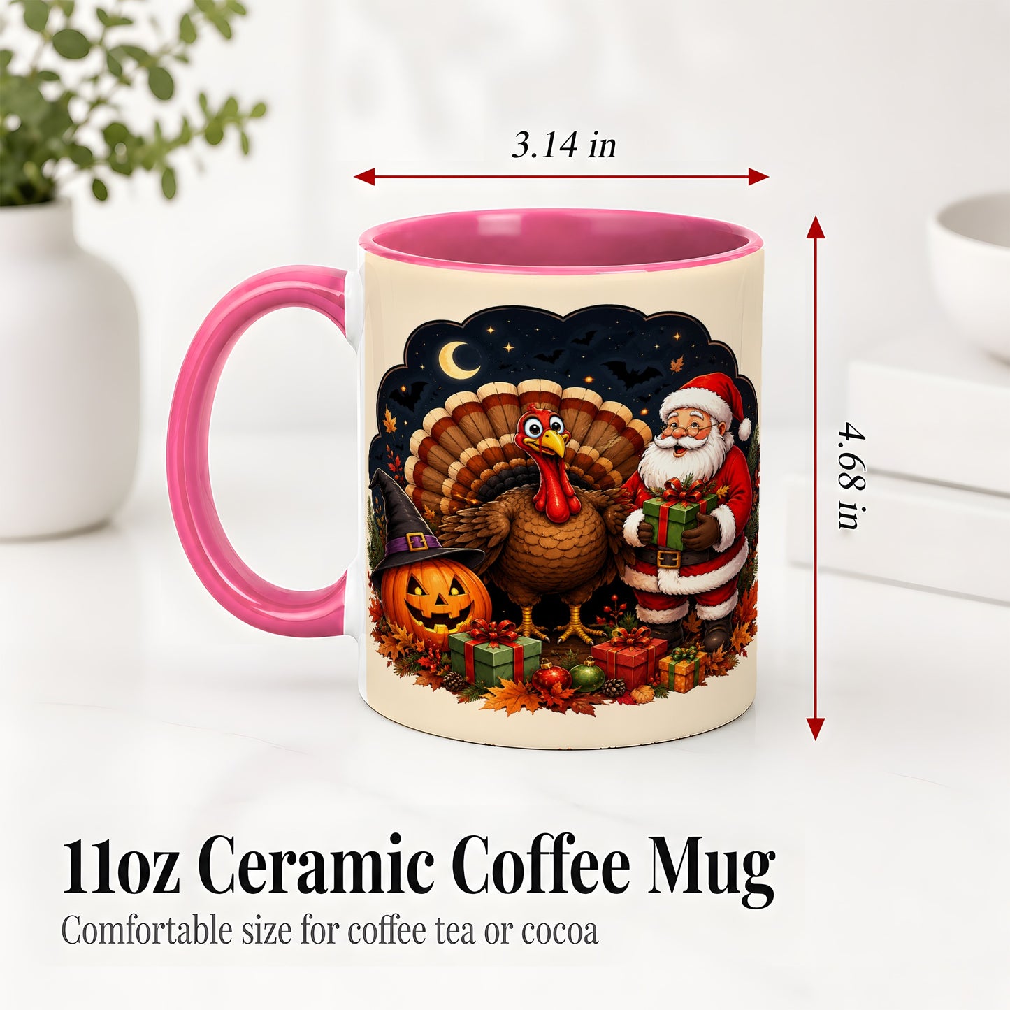 #pl[11oz|Pink] Turkey Santa Halloween Ceramic Mug, Night Holiday Seasonal Art