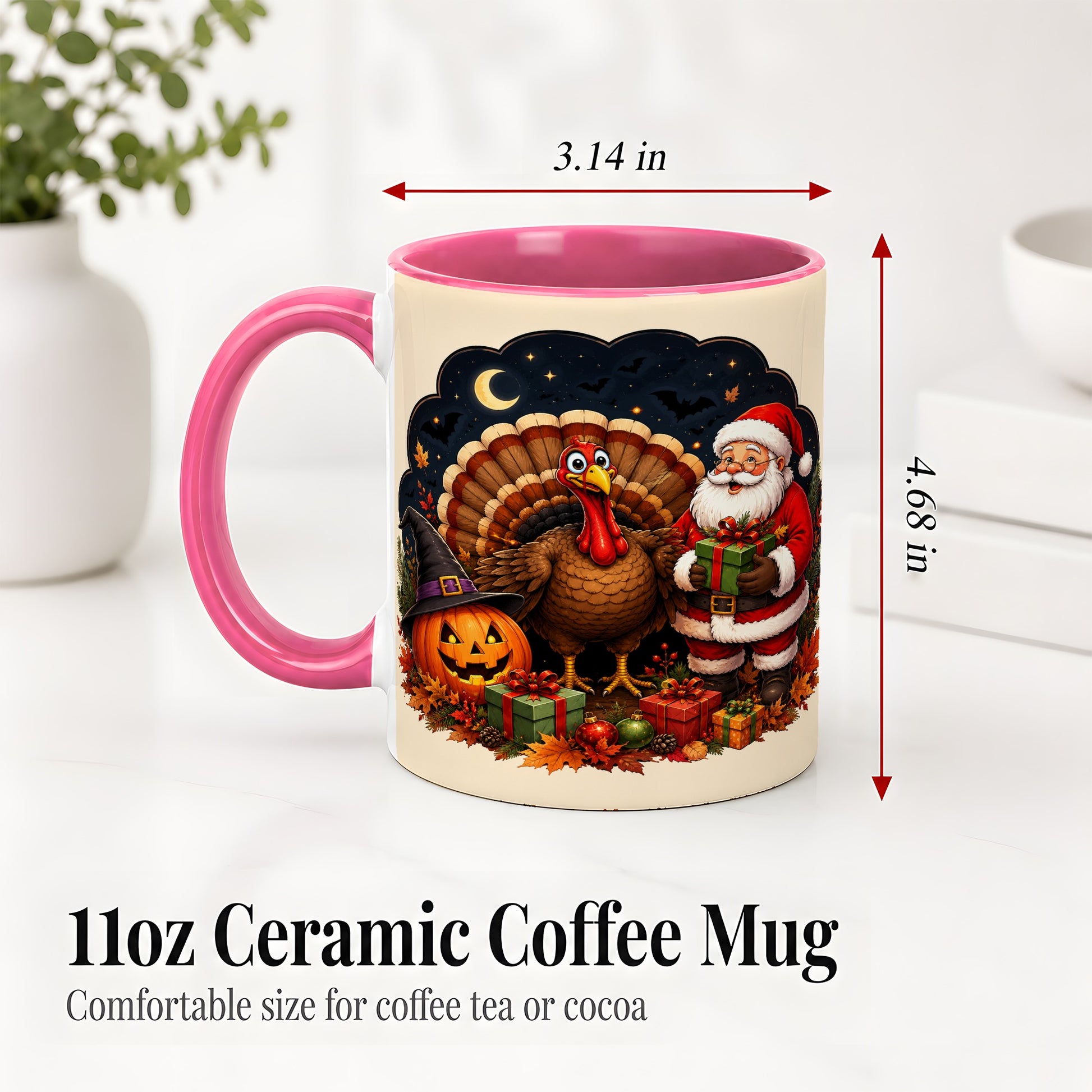 #pl[11oz|Pink] Turkey Santa Halloween Ceramic Mug, Night Holiday Seasonal Art