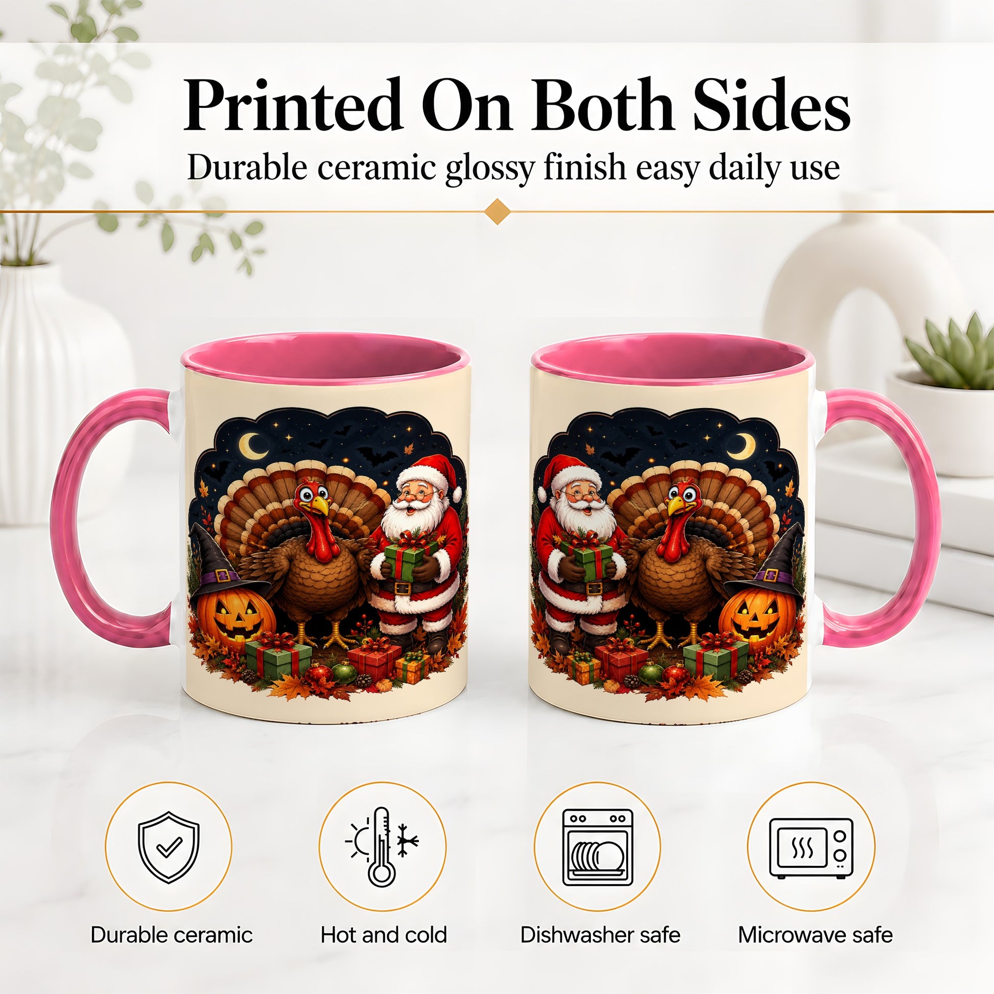 #pl[11oz|Pink] Turkey Santa Halloween Ceramic Mug, Night Holiday Seasonal Art