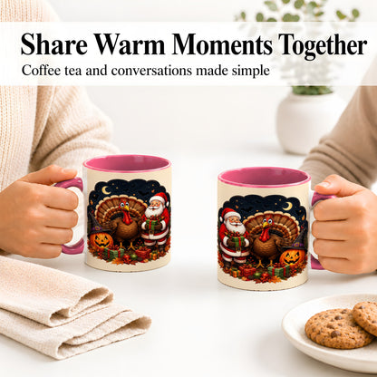 #pl[11oz|Pink] Turkey Santa Halloween Ceramic Mug, Night Holiday Seasonal Art