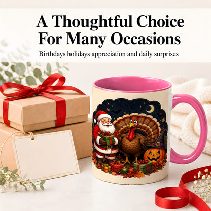 #pl[11oz|Pink] Turkey Santa Halloween Ceramic Mug, Night Holiday Seasonal Art