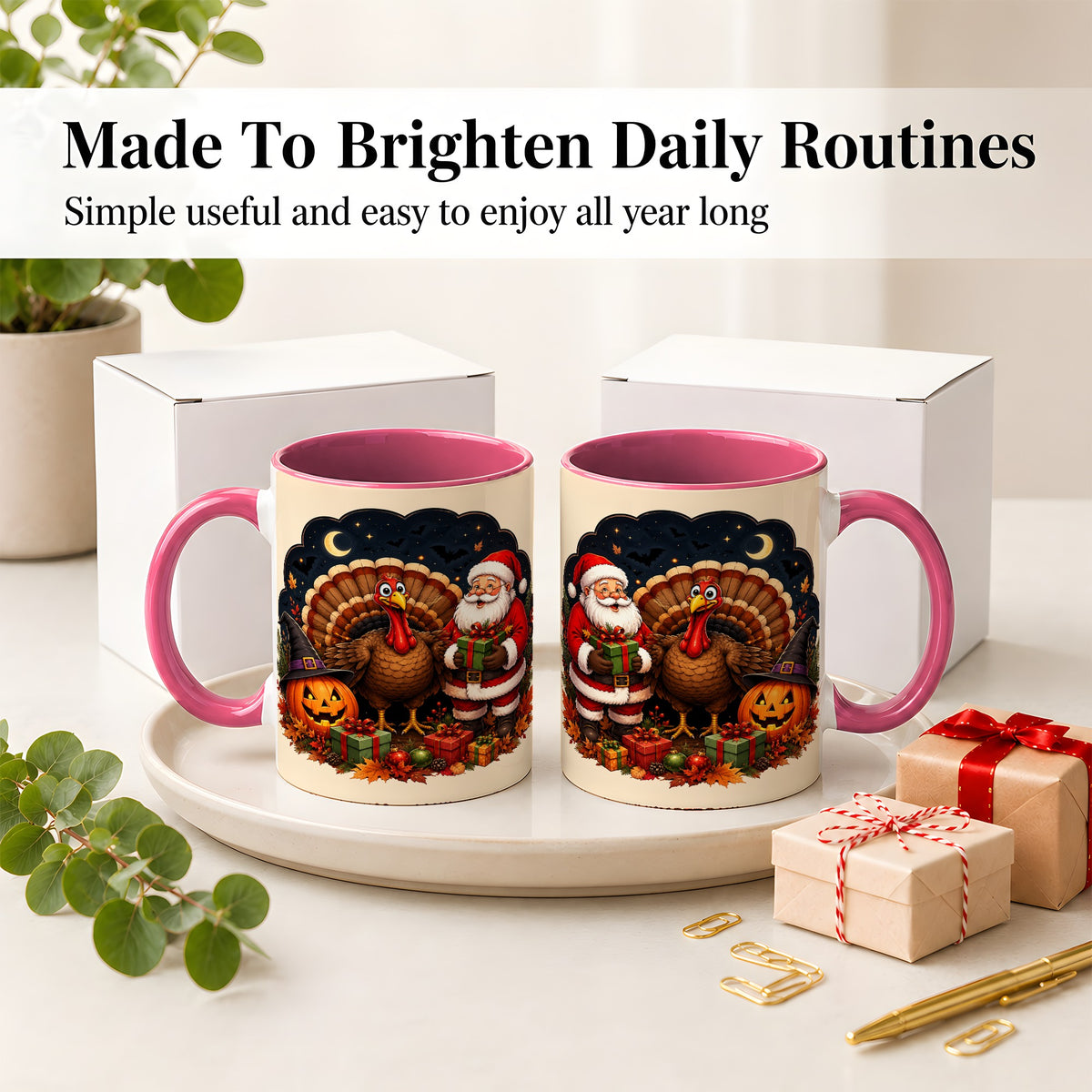 #pl[11oz|Pink] Turkey Santa Halloween Ceramic Mug, Night Holiday Seasonal Art