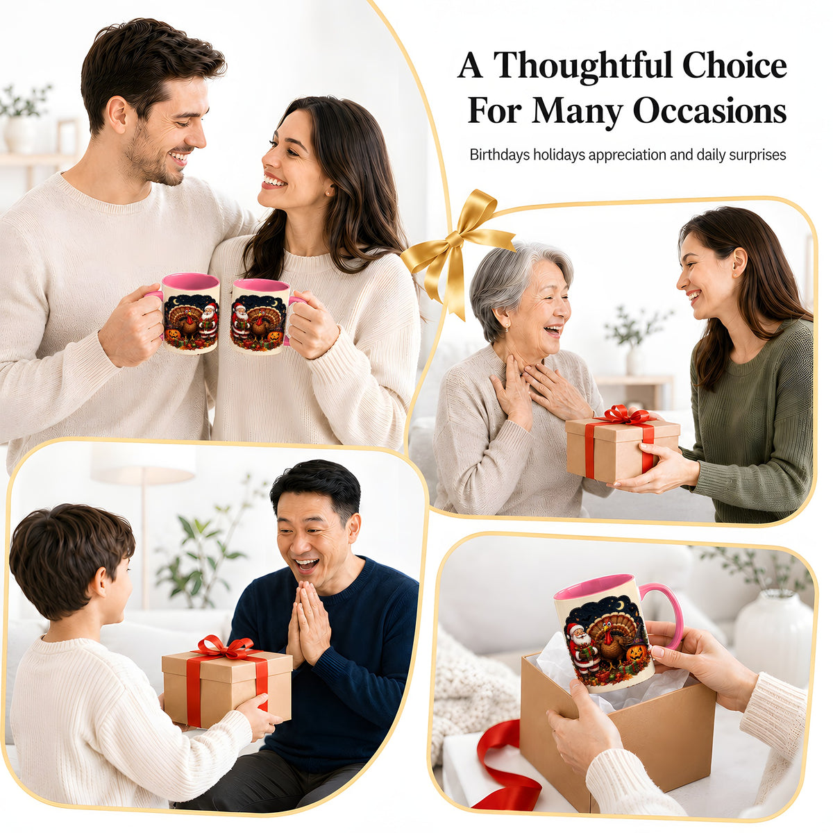 #pl[11oz|Pink] Turkey Santa Halloween Ceramic Mug, Night Holiday Seasonal Art