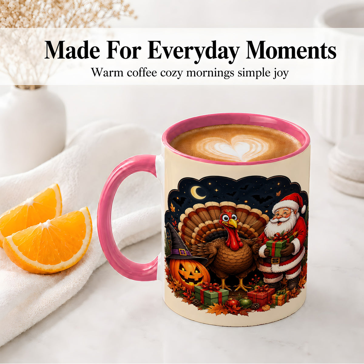 #pl[11oz|Pink] Turkey Santa Halloween Ceramic Mug, Night Holiday Seasonal Art