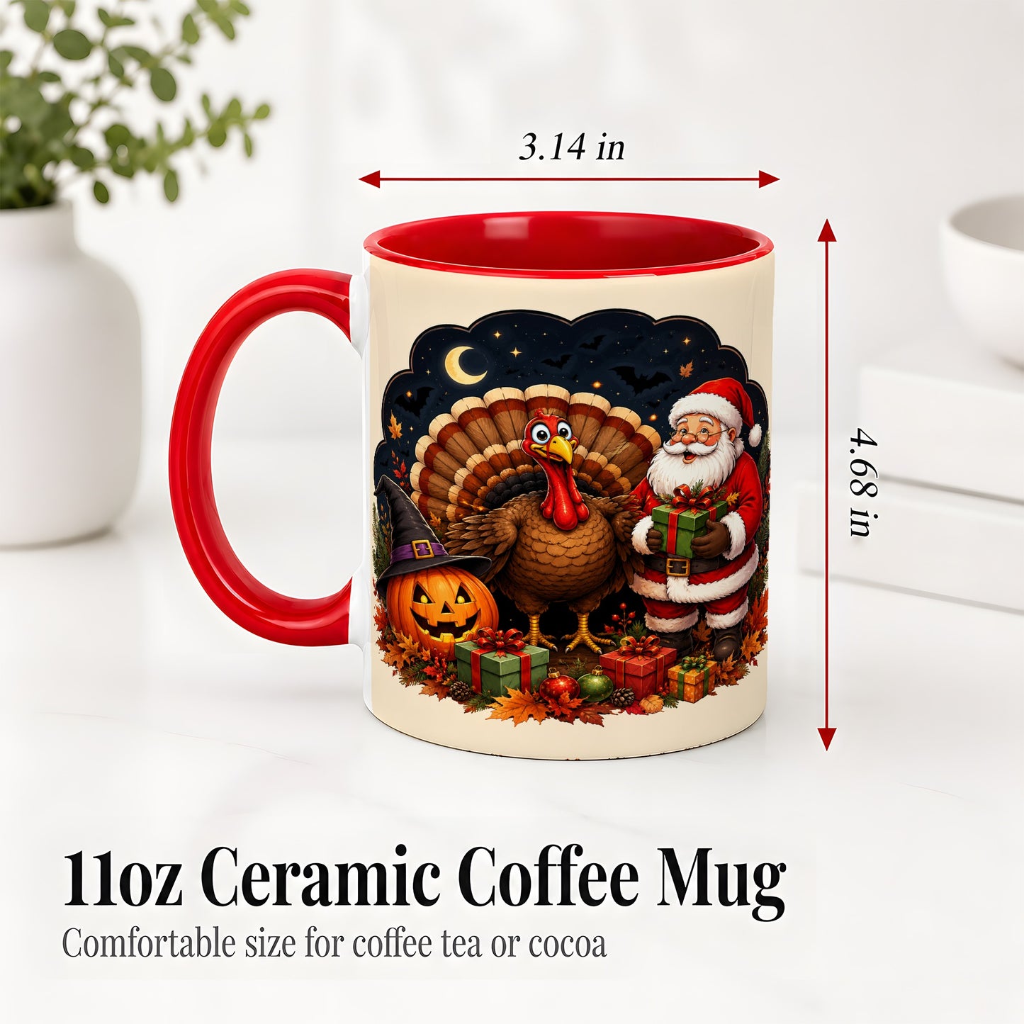 #pl[11oz|Red] Turkey Santa Halloween Ceramic Mug, Night Holiday Seasonal Art