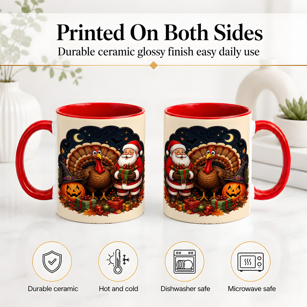 #pl[11oz|Red] Turkey Santa Halloween Ceramic Mug, Night Holiday Seasonal Art