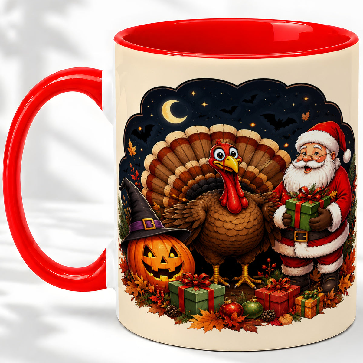 Turkey Santa Halloween Ceramic Mug, Night Holiday Seasonal Art