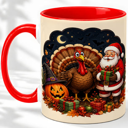 Turkey Santa Halloween Ceramic Mug, Night Holiday Seasonal Art