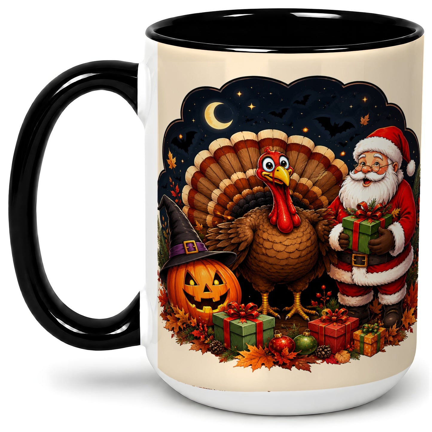 #pl[15oz|Black] Turkey Santa Halloween Ceramic Mug, Night Holiday Seasonal Art