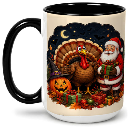 #pl[15oz|Black] Turkey Santa Halloween Ceramic Mug, Night Holiday Seasonal Art