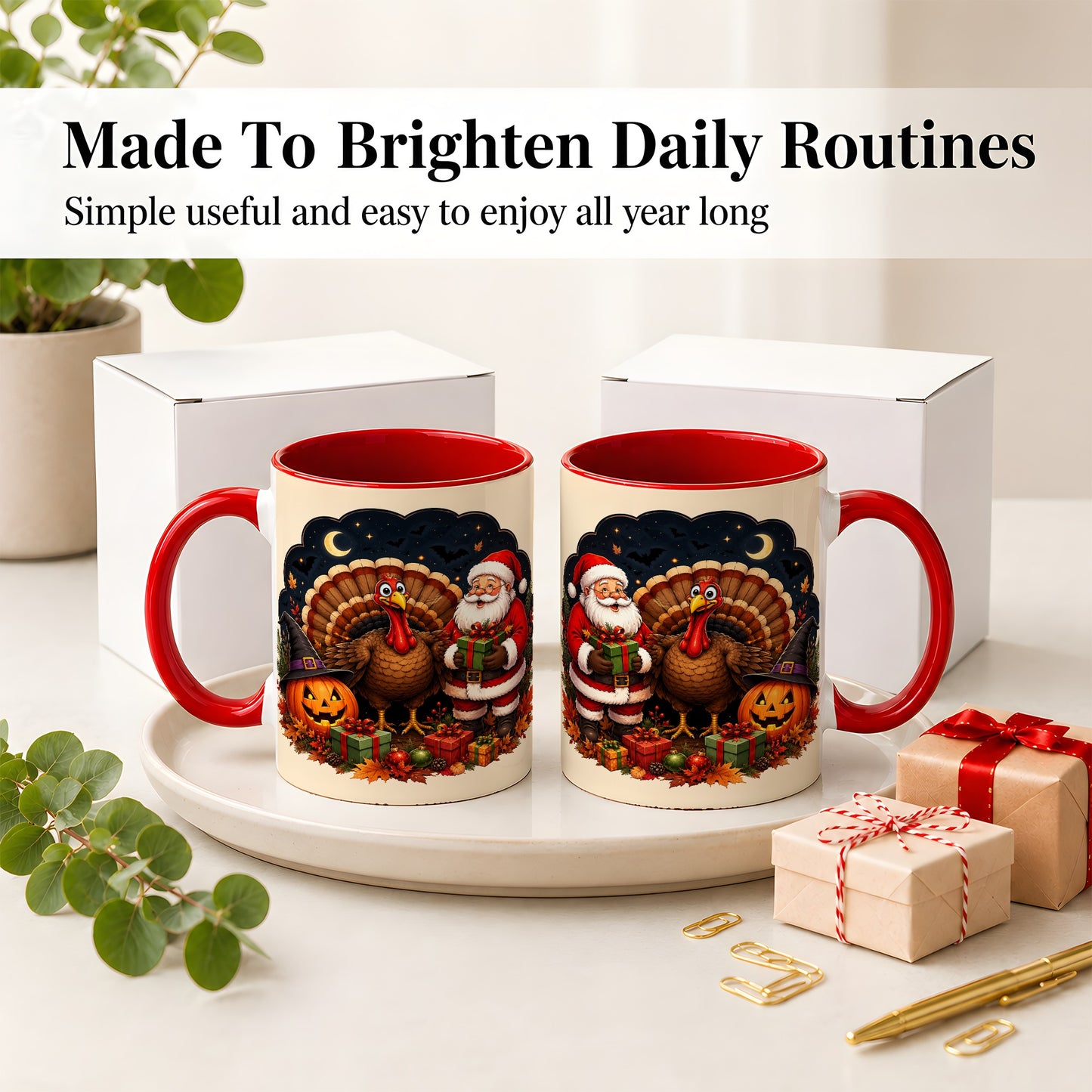 #pl[11oz|Red] Turkey Santa Halloween Ceramic Mug, Night Holiday Seasonal Art