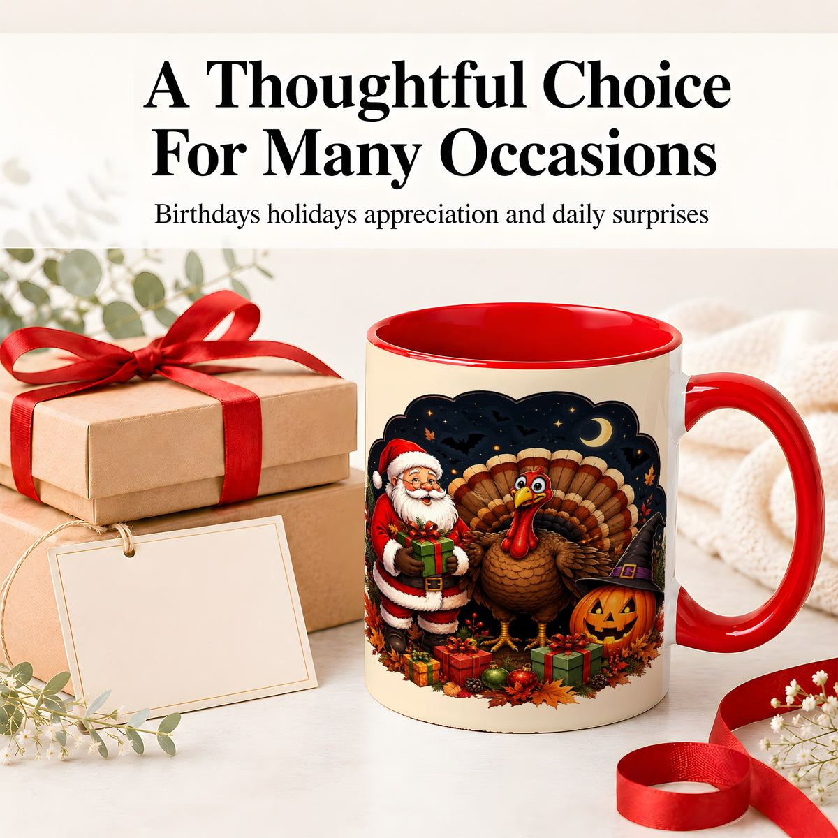 #pl[11oz|Red] Turkey Santa Halloween Ceramic Mug, Night Holiday Seasonal Art