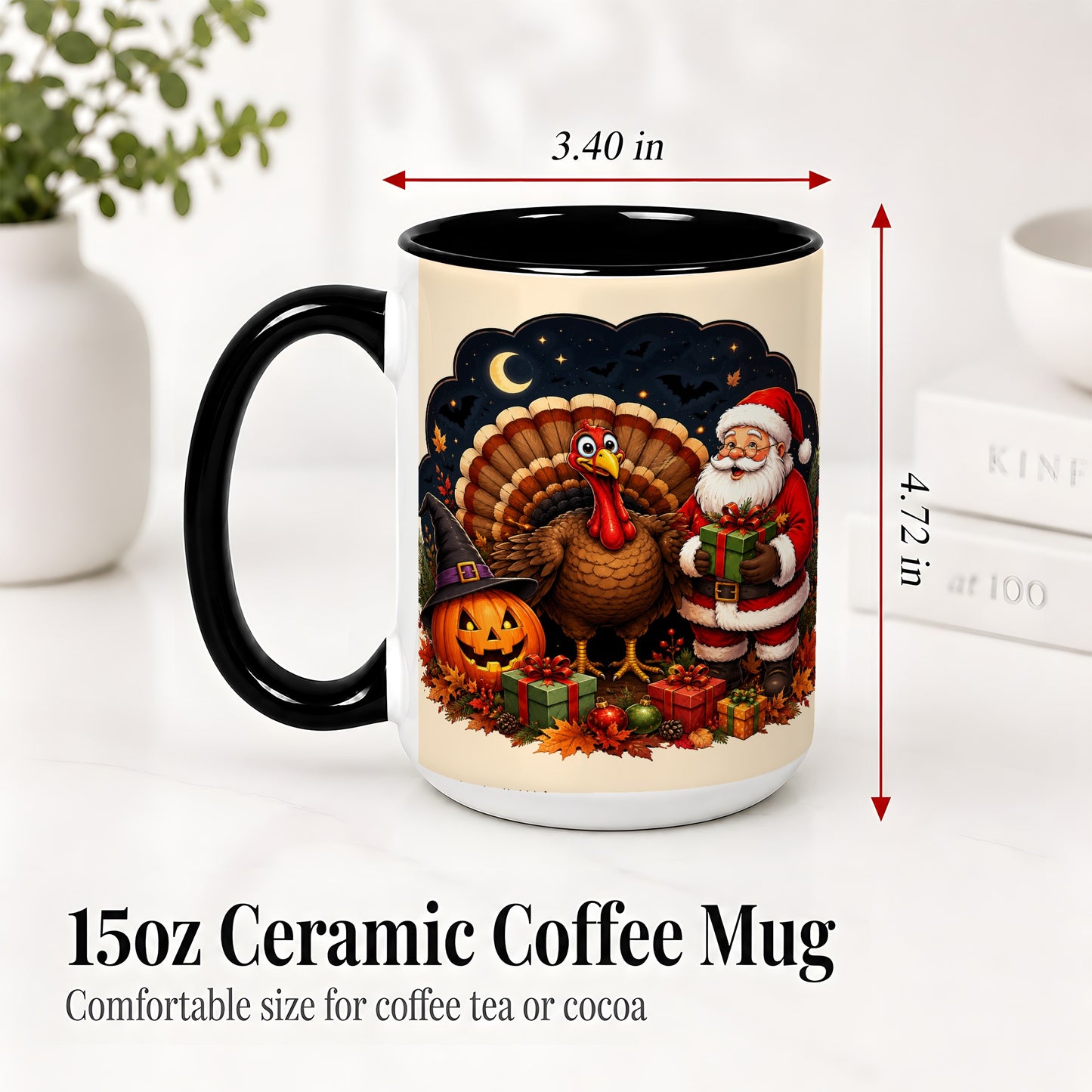 #pl[15oz|Black] Turkey Santa Halloween Ceramic Mug, Night Holiday Seasonal Art
