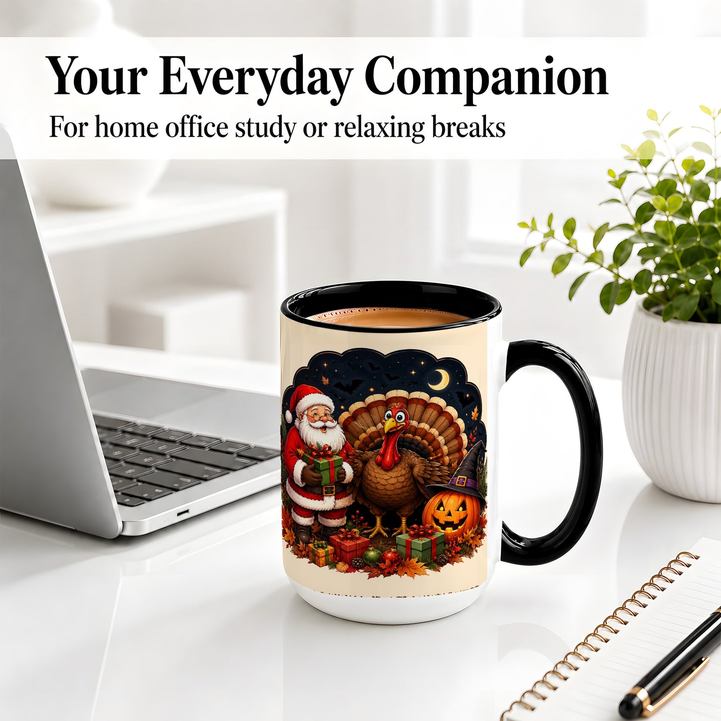 #pl[15oz|Black] Turkey Santa Halloween Ceramic Mug, Night Holiday Seasonal Art