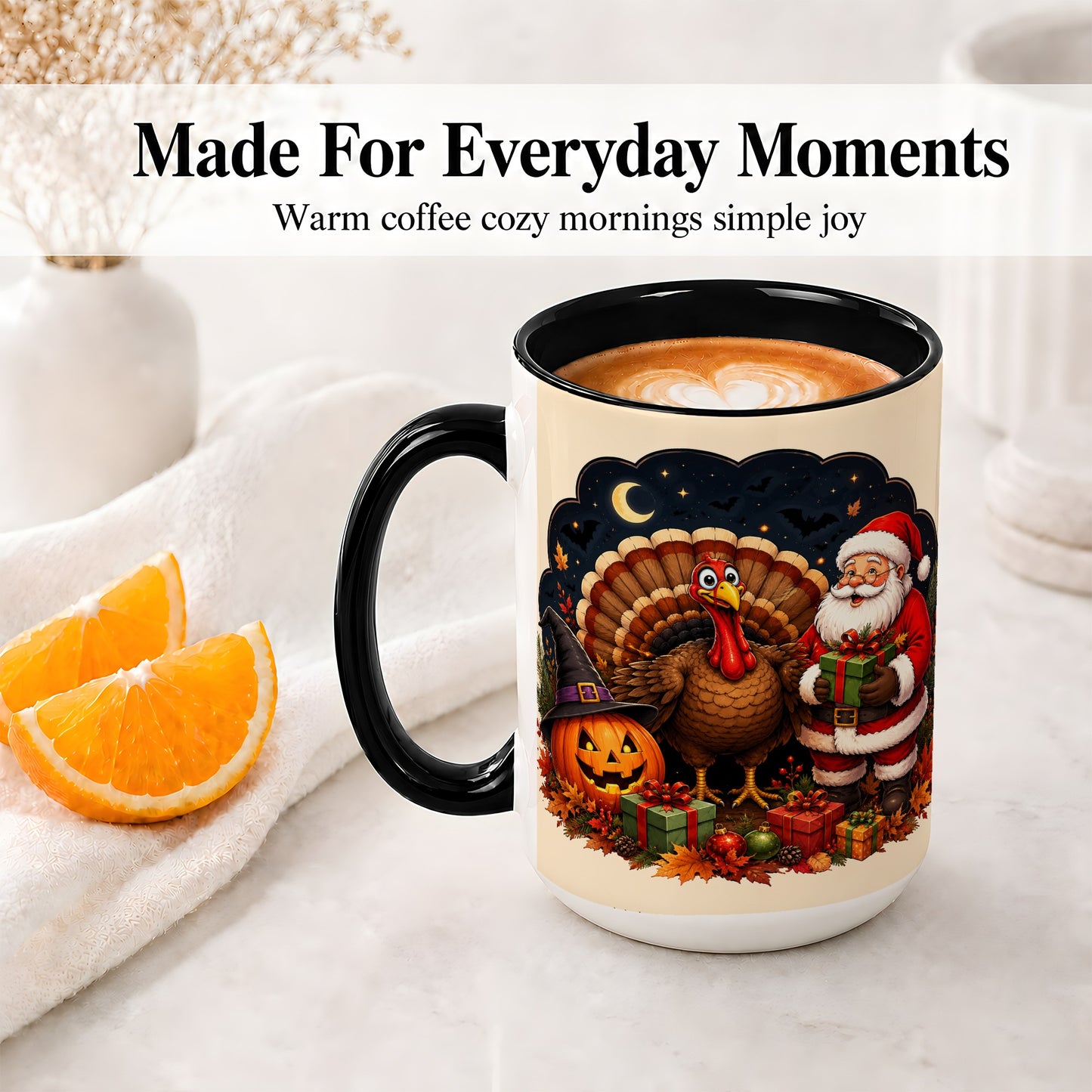 #pl[15oz|Black] Turkey Santa Halloween Ceramic Mug, Night Holiday Seasonal Art