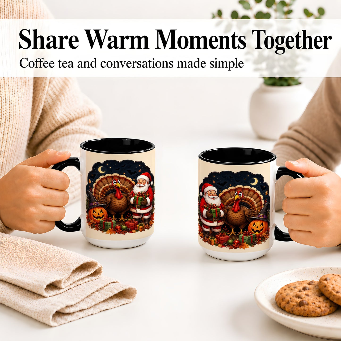 #pl[15oz|Black] Turkey Santa Halloween Ceramic Mug, Night Holiday Seasonal Art