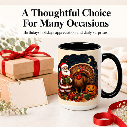 #pl[15oz|Black] Turkey Santa Halloween Ceramic Mug, Night Holiday Seasonal Art