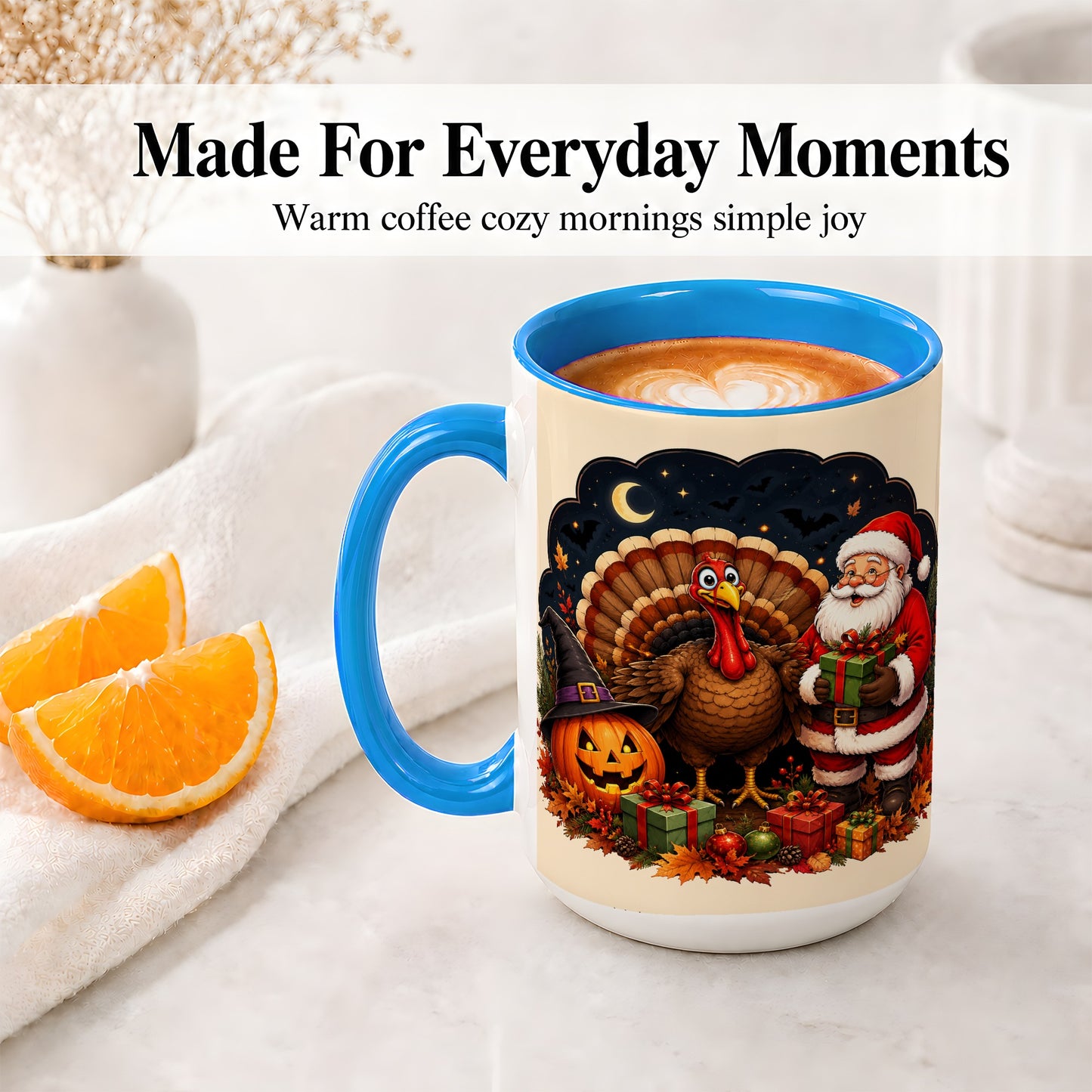 #pl[15oz|Blue] Turkey Santa Halloween Ceramic Mug, Night Holiday Seasonal Art