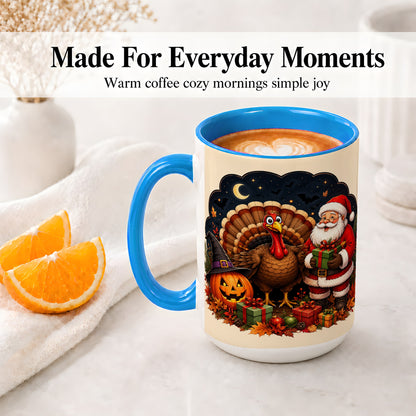 #pl[15oz|Blue] Turkey Santa Halloween Ceramic Mug, Night Holiday Seasonal Art