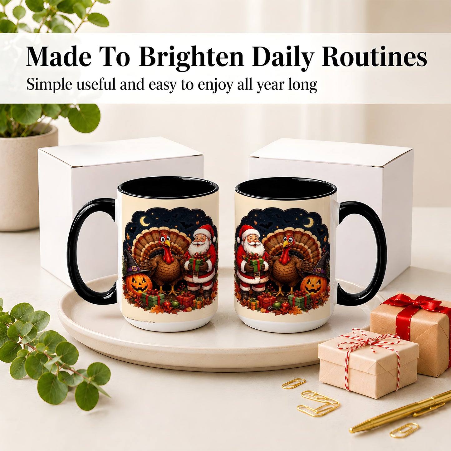 #pl[15oz|Black] Turkey Santa Halloween Ceramic Mug, Night Holiday Seasonal Art