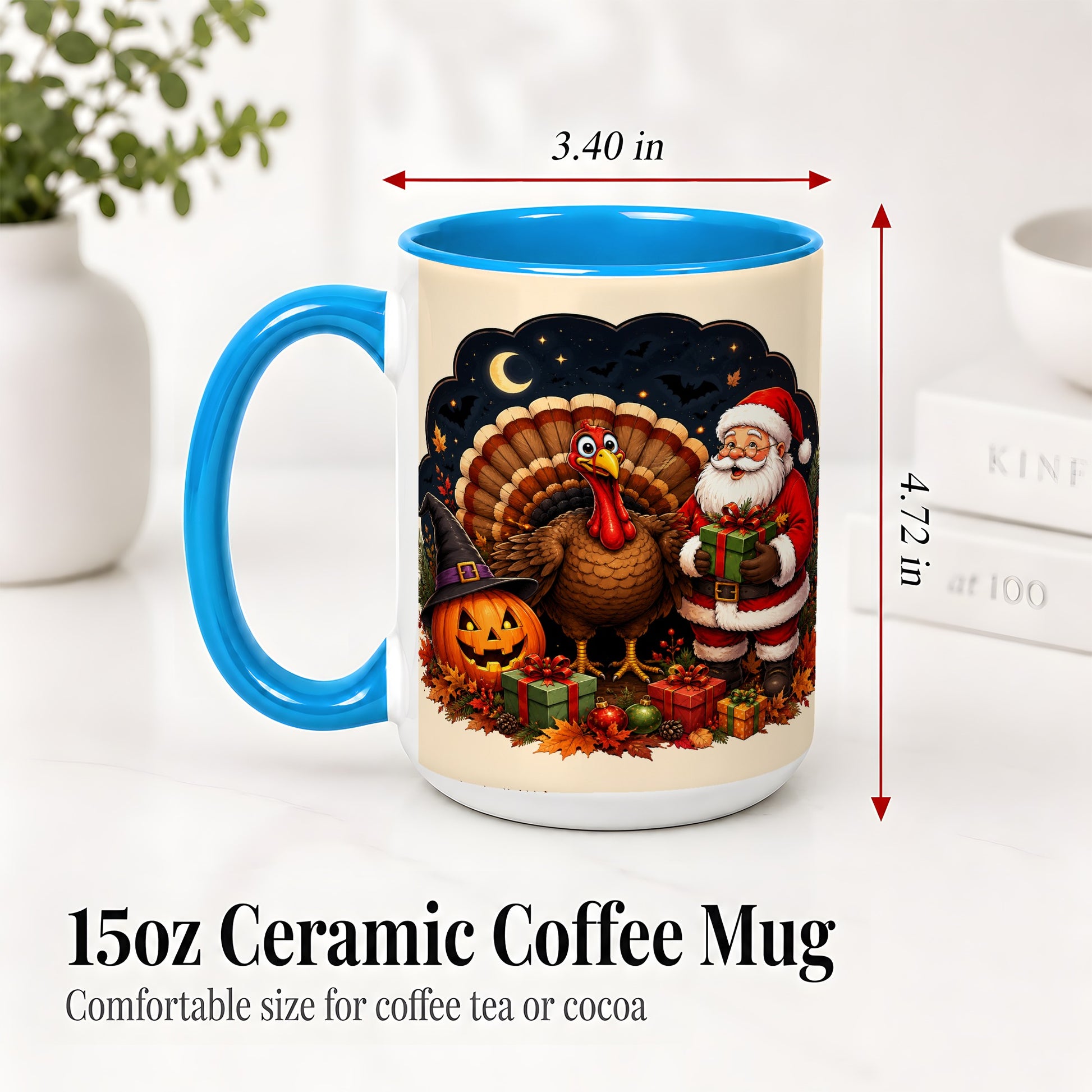 #pl[15oz|Blue] Turkey Santa Halloween Ceramic Mug, Night Holiday Seasonal Art