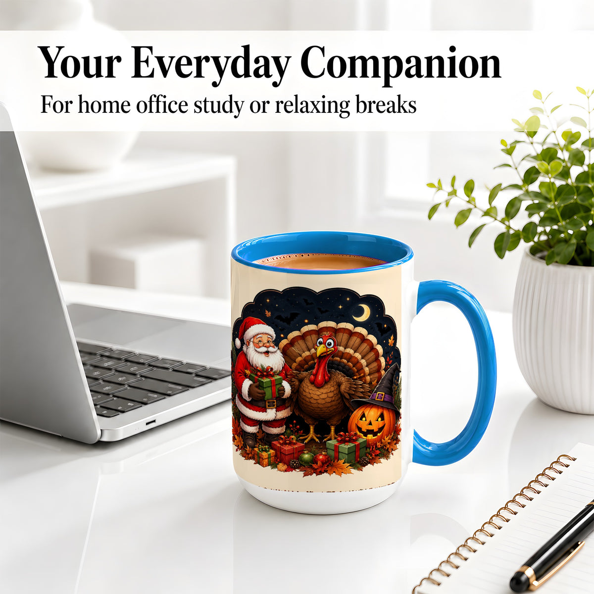 #pl[15oz|Blue] Turkey Santa Halloween Ceramic Mug, Night Holiday Seasonal Art
