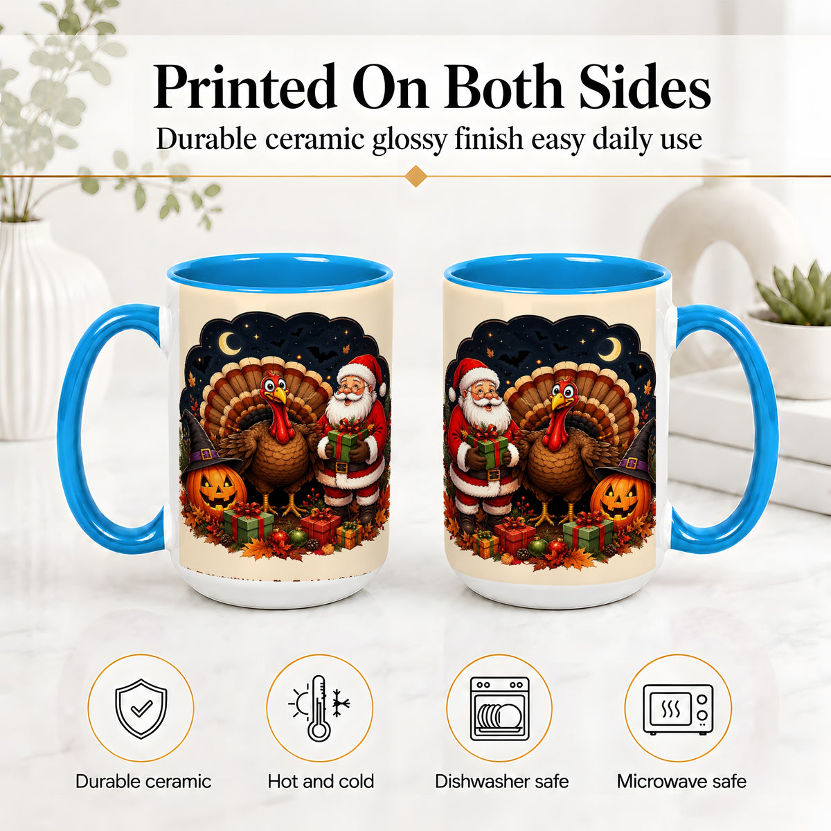 #pl[15oz|Blue] Turkey Santa Halloween Ceramic Mug, Night Holiday Seasonal Art