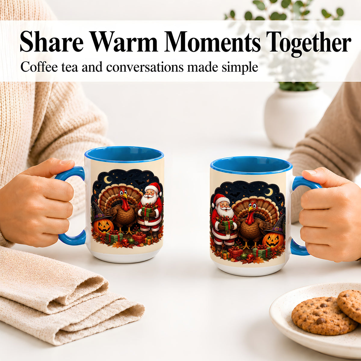 #pl[15oz|Blue] Turkey Santa Halloween Ceramic Mug, Night Holiday Seasonal Art
